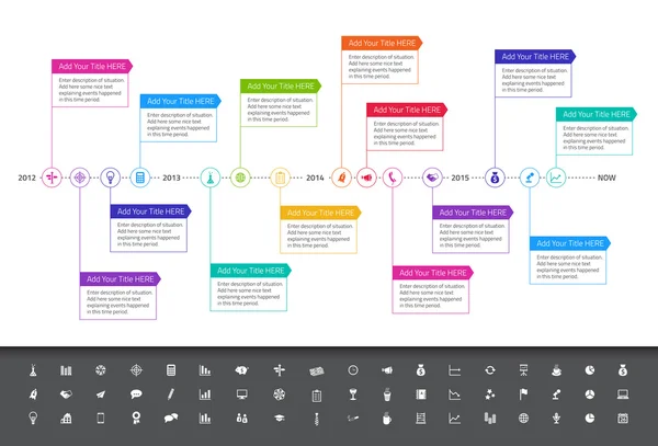 Gökkuşağı renkleri ve simgeler kümesi ile modern düz zaman çizelgesi