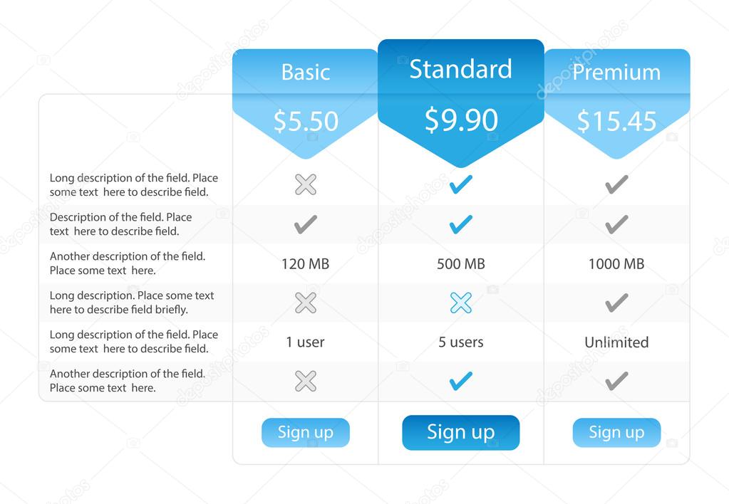 Light pricing table with 3 options and one recommended plan
