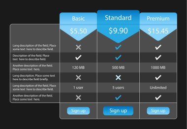 Tablo 3 seçenek ile ve bir önerilen fiyatlandırma ışık. Mavi yer imleri ve düğmeleri