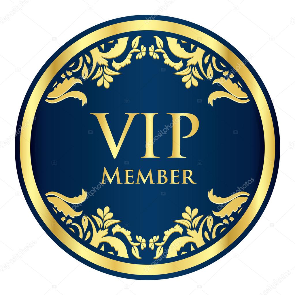 Blue VIP member badge with golden vintage pattern