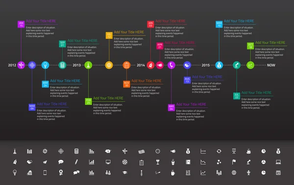 Kesin tarih ve simgeler ve gökkuşağının renkleriyle kilometre taşları ile modern düz zaman çizelgesi