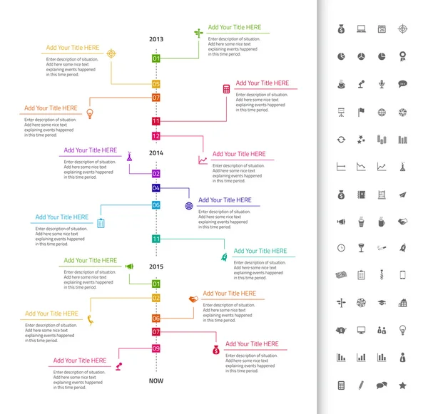 Línea de tiempo plana moderna con hitos del arco iris y fondo oscuro — Vector de stock