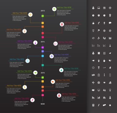 Gökkuşağı kilometre taşları ve koyu arka plan ile modern düz zaman çizelgesi