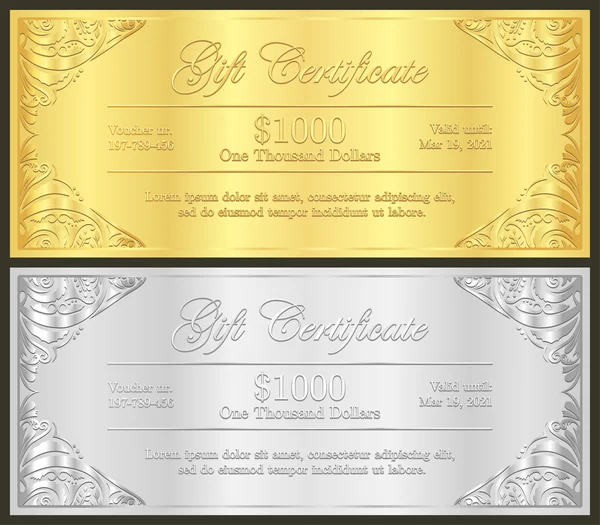 Certificado de regalo de oro y plata de lujo en estilo vintage — Vector de stock