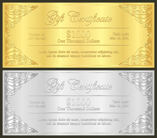 Золотой и серебряный подарочный сертификат класса люкс в винтажном стиле
