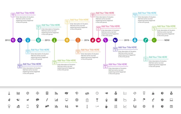 Línea de tiempo plana moderna con fecha exacta e hitos con iconos y colores del arco iris — Vector de stock