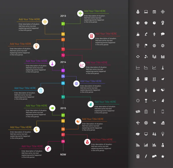 Modern flat timeline with rainbow milestones and dark background — Stock Vector