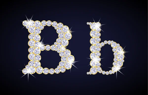 Letra "B" compuesta de diamantes con marco dorado. Juego completo de alfabetos . — Vector de stock