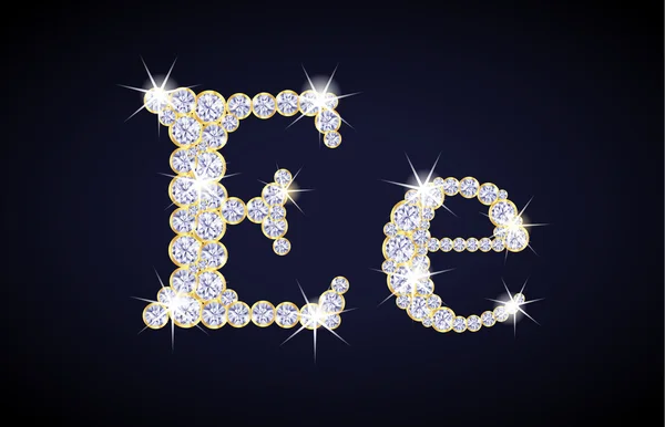 Letra "E" compuesta de diamantes con marco dorado. Juego completo de alfabetos . — Vector de stock