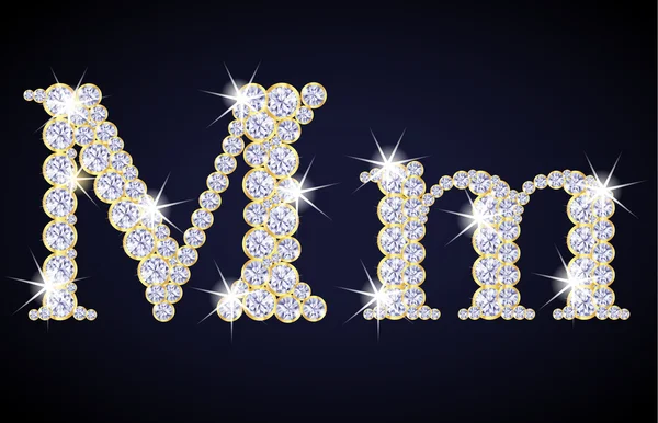 Letra "M" compuesta de diamantes con marco dorado. Juego completo de alfabetos . — Vector de stock