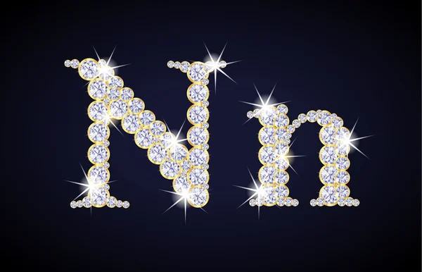 Letra "N" compuesta de diamantes con marco dorado. Juego completo de alfabetos . — Vector de stock