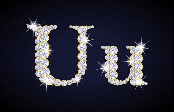 Letter "U" samengesteld uit diamanten met gouden frame. Complete alfabet set. — Stockvector