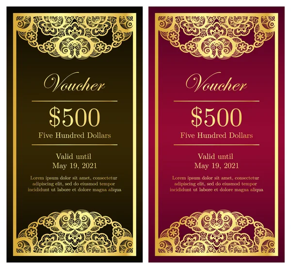 Voucher vertical vintage com renda dourada — Vetor de Stock