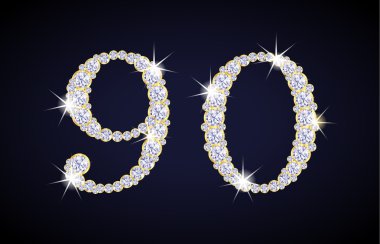 Number 9 and 0 composed from diamonds with golden frame. Complete alphanumeric set.
