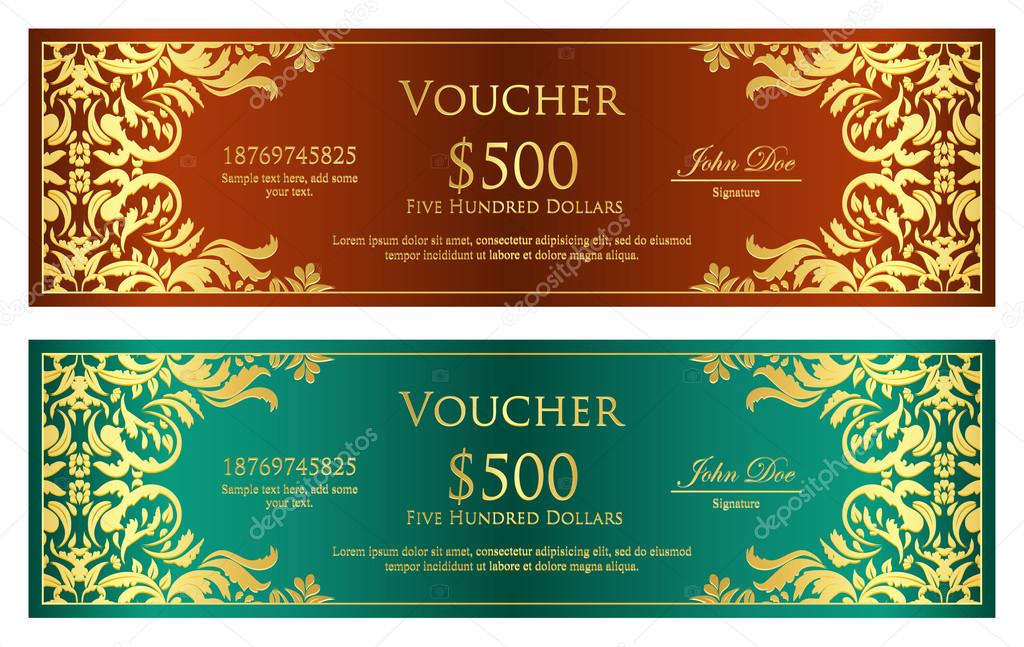 Luxury brown and green voucher with golden vintage ornament