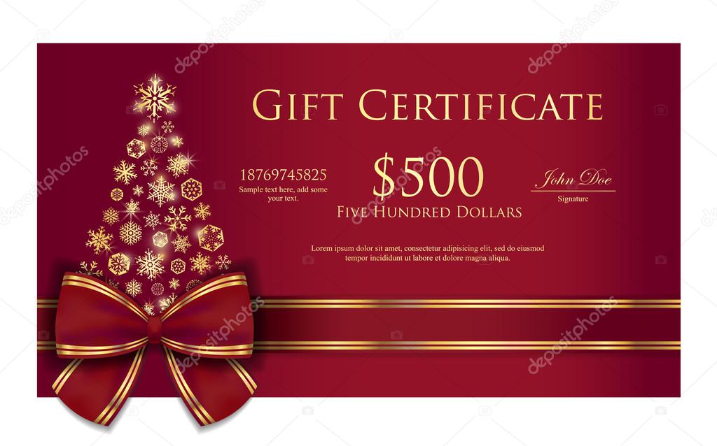 Christmas gift certificate with tree composed from golden snowflakes