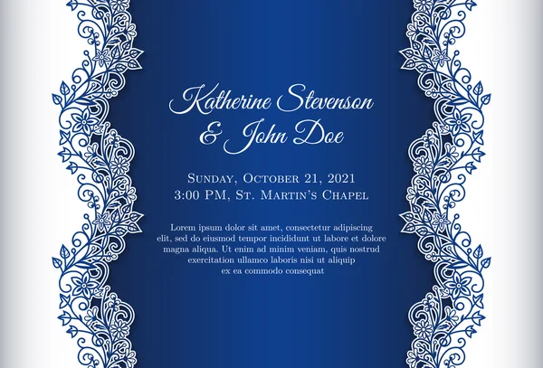Convite de casamento romântico com fundo azul e ornamento floral como decoração —  Vetores de Stock