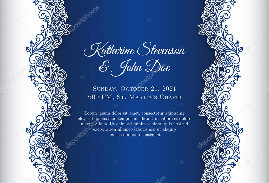 Romantic wedding invitation with blue background and floral ornament as decoration