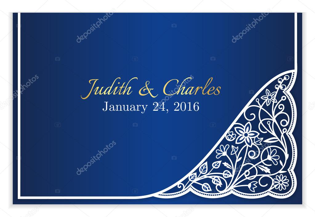 Blue wedding announcement with white floral lace