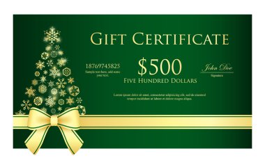 Yeşil Noel hediye sertifikası Noel ağacı ile altın kar taneleri oluşur