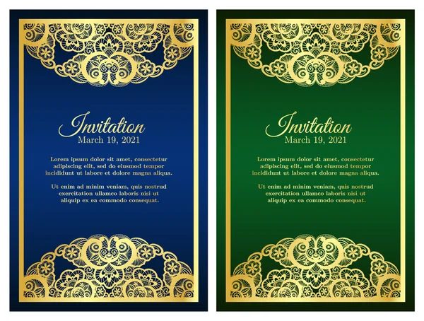 Vintage mavi ve yeşil davetiyesi kapak altın dantel süslemeli — Stok Vektör