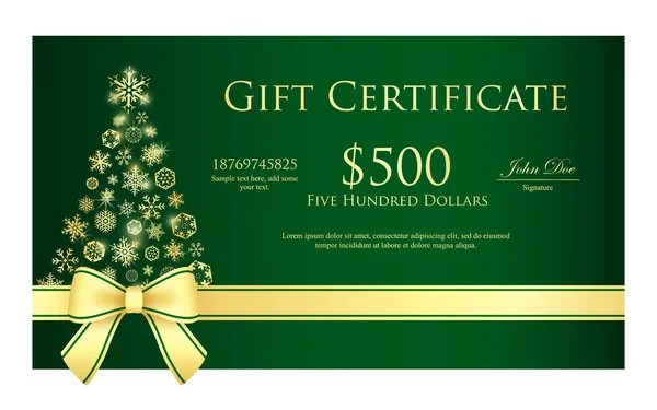 Certificado de regalo de Navidad verde con árbol de Navidad compuesto de copos de nieve dorados — Vector de stock