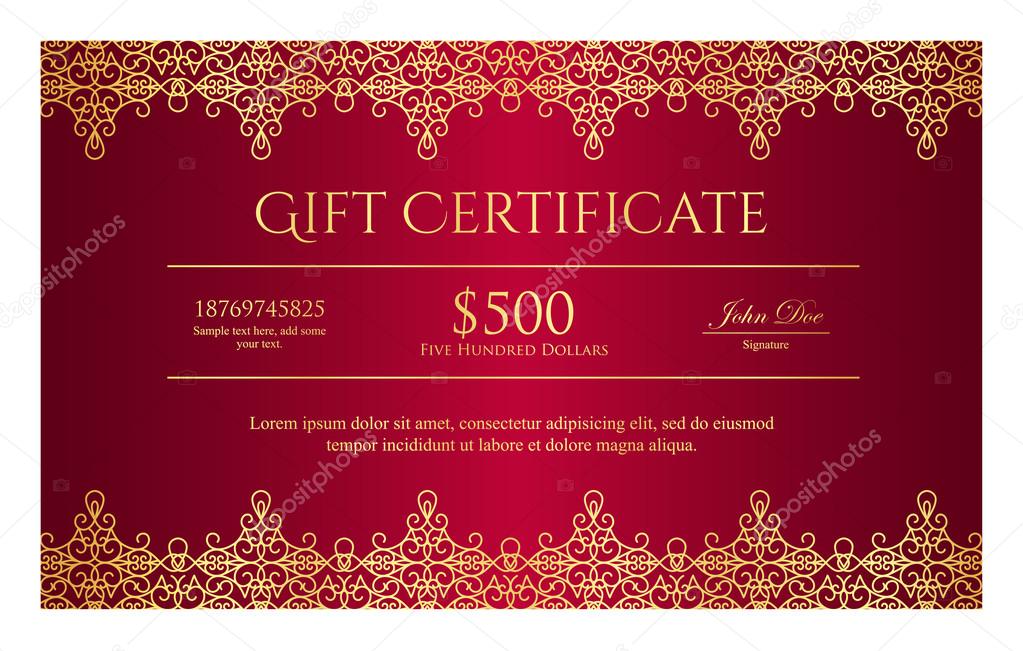 Red gift certificate with gold ornamental pattern