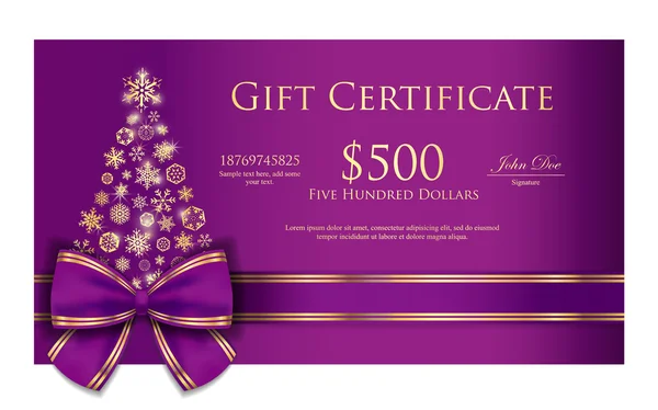 Mor kurdele ve altın kar taneleri ile özel Noel hediye sertifikası