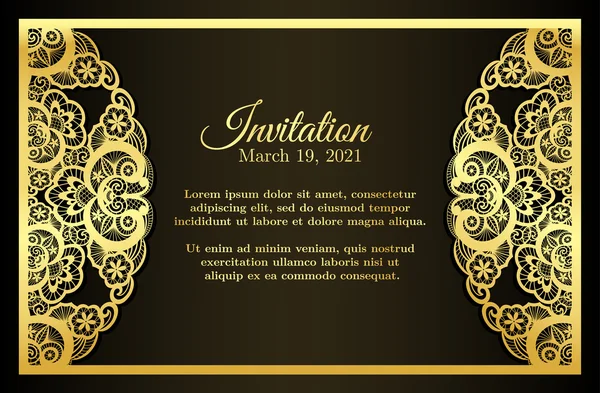 Cubierta de invitación negra vintage con decoración de encaje dorado — Vector de stock