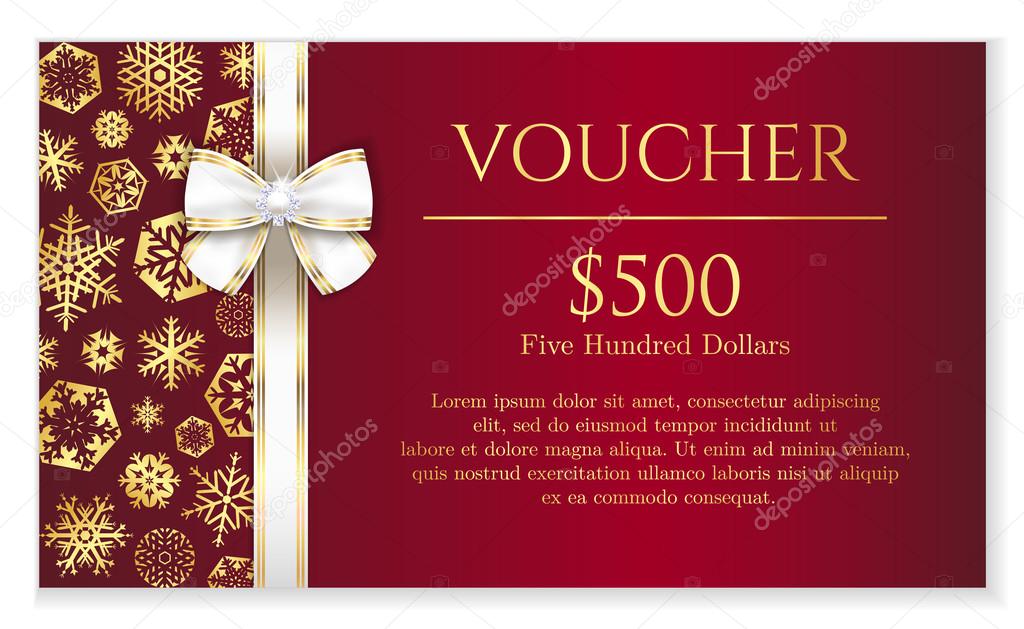 Luxury red Christmas voucher with golden snowflakes and white ribbon
