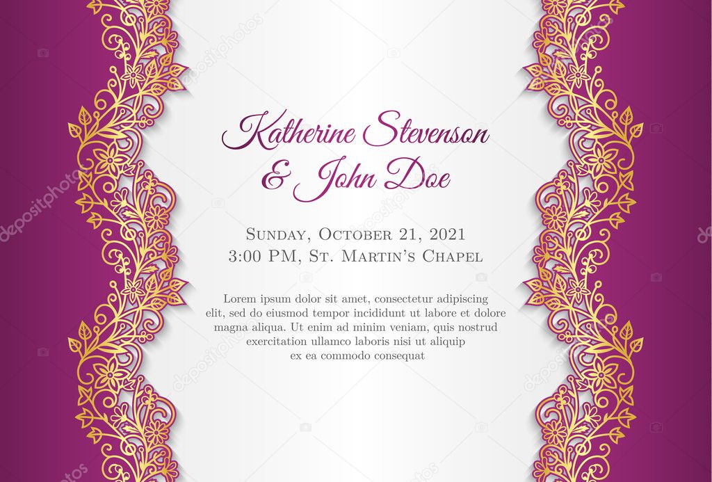 Fuchsia wedding announcement with gold floral ornament