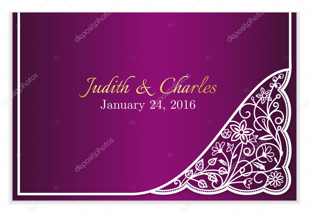 Fuchsia wedding announcement with white floral lace