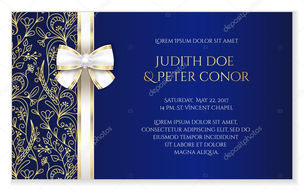Royal blue romantic wedding announcement with golden floral ornament