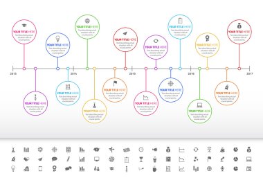 Modern rainbow timeline with circle milestones and set of icons clipart