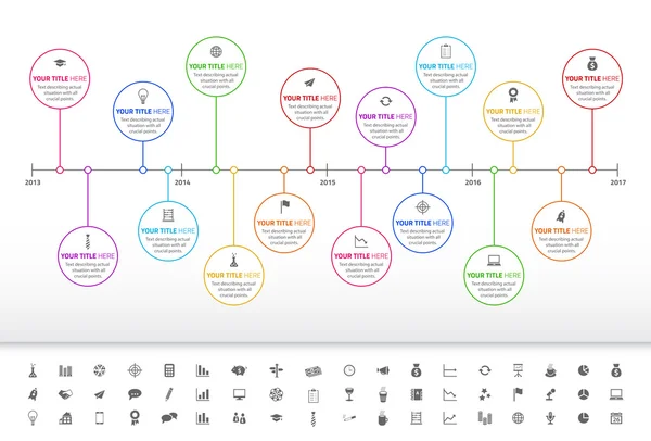 Modern rainbow timeline with circle milestones and set of icons — Stock Vector