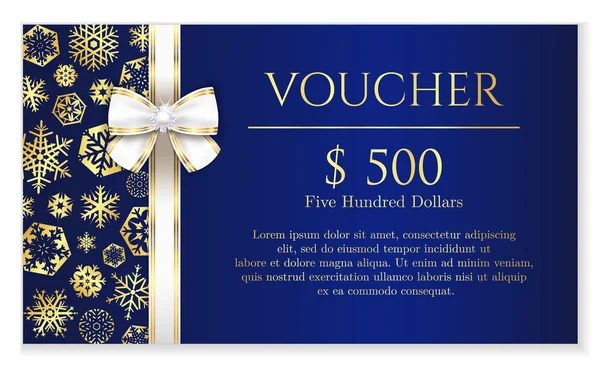 Blue Christmas voucher with golden snowflakes and white luxury ribbon — Stock Vector