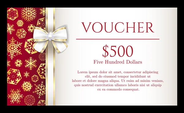 Luxury Christmas voucher with golden snowflakes and white ribbon — Stock Vector