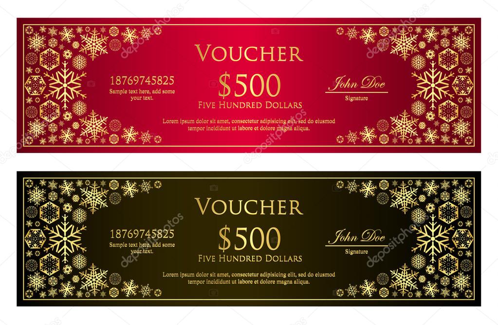 Luxury red and black Christmas voucher with golden snowflakes