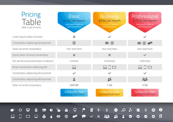 Tabella prezzi luce con 3 opzioni. Set icone incluso Grafiche Vettoriali