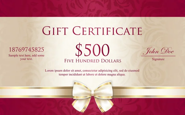 Certificat cadeau de luxe avec motif floral et ruban crème — Image vectorielle