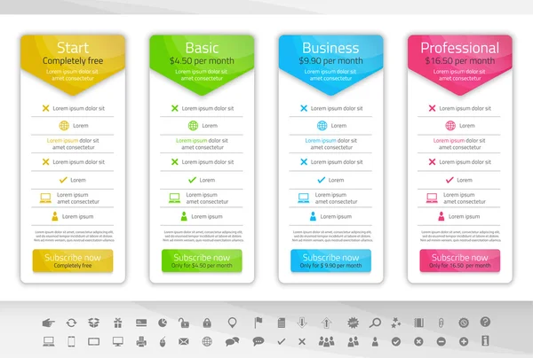 Licht prijzen tabel met 4 opties. Pictogrammenset opgenomen — Stockvector