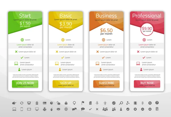 Light pricing list with 4 options. Different shapes of tables. Icon set included — Stock Vector