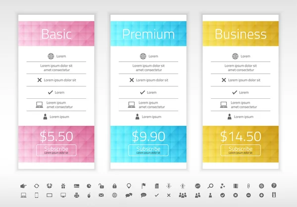 Lista de precios moderna con 3 opciones en color turquesa, azul y frambuesa. Conjunto de iconos incluidos — Vector de stock