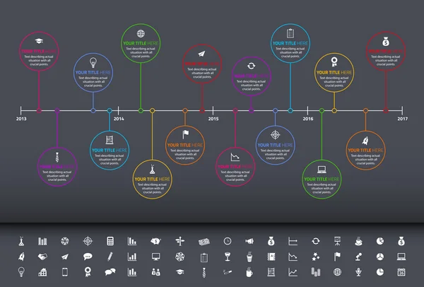 Línea de tiempo del arco iris moderno con hitos del círculo y conjunto de iconos — Archivo Imágenes Vectoriales