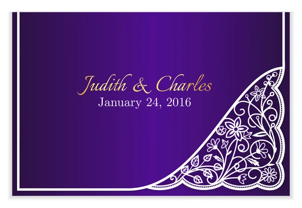 Anuncio de boda violeta con encaje floral blanco — Vector de stock
