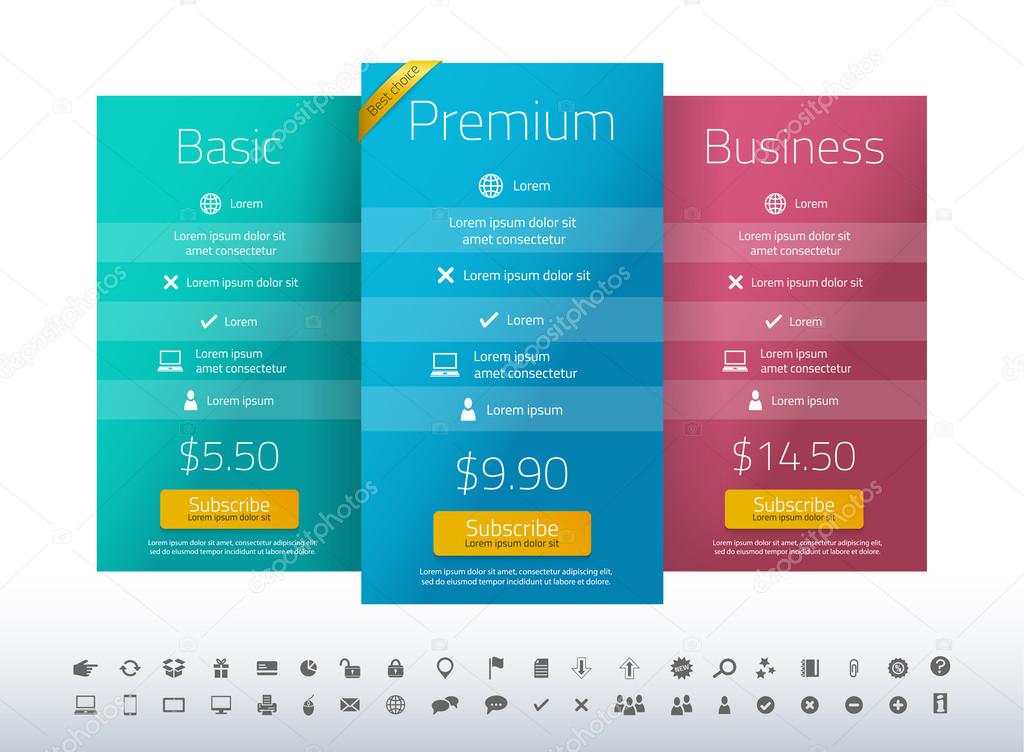 Modern pricing list with 3 options in turquoise, blue and raspberry color. Set of icons included