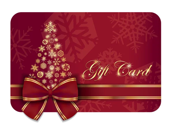 Tarjeta de regalo roja de Navidad con cinta de vino y copos de nieve dorados — Vector de stock