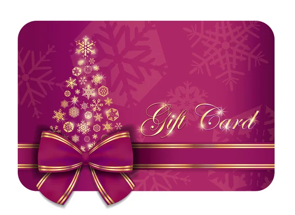 Carta regalo di Natale lampone con nastro viola e fiocchi di neve d'oro Vettoriali Stock Royalty Free