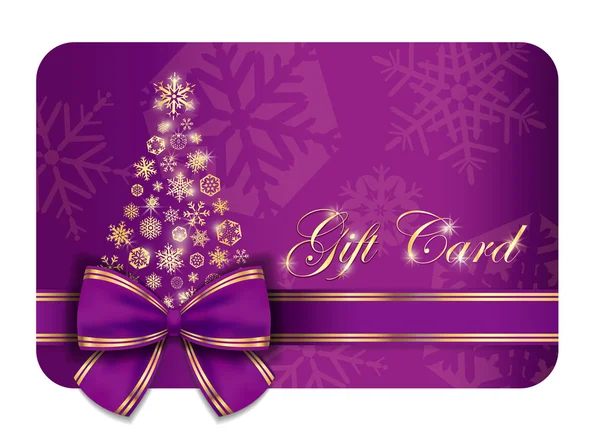 Carte cadeau de Noël de luxe avec ruban violet et flocons de neige dorés Vecteurs De Stock Libres De Droits