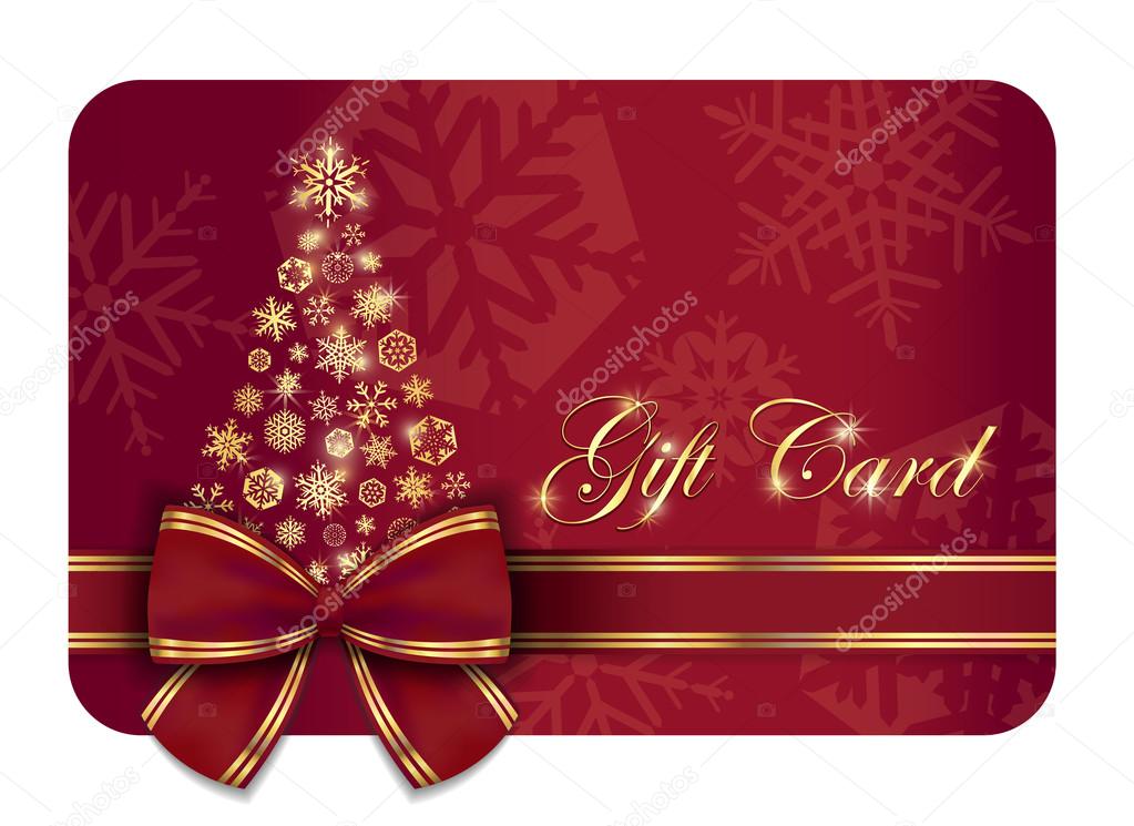 Red Christmas gift card with wine ribbon and gold snowflakes